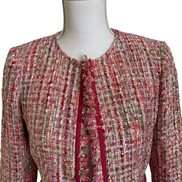 Tahari Arthur S. Levine Jacket Women's Size 2 Pink Multi Boucle Ribbon Fringed - Picture 2 of 11